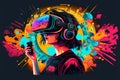 Teenager having fun play VR virtual reality goggle. Illustration Generative AI