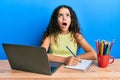 Teenager hispanic girl sitting on the table studying for school angry and mad screaming frustrated and furious, shouting with Royalty Free Stock Photo