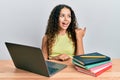 Teenager hispanic girl sitting on the table studying for school pointing thumb up to the side smiling happy with open mouth