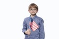 Teenager holding flag of America. Education in the USA. Training in United States