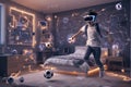 teenager at home play virtual online game in metaverse wear googles use joystick remote control