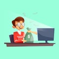 Teenager internet vector cartoon flat cartoon illustration of young boy giving or winning money bag from computer Royalty Free Stock Photo