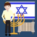 Teenager jewish boy with israel symbols, flag, menorah, torah sc