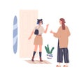 Teenager leaving home, saying bye to mother. Mom sees off daughter. Happy teen girl near door, going to hang out. Parent Royalty Free Stock Photo