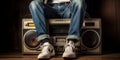 Teenager lies and listens to music with his feet on retro boombox, concept of Rebellious youth
