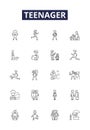 Teenager line vector icons and signs. Adolescent, Teen, Teenager, Freshman, Sophomore, Junior, Senior, Student outline