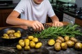 teenager making grilled potatoes with rosemary for the first time