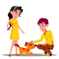 Teenager Petting The Dog In Park Vector. Isolated Illustration