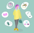 Teenager and problems. Girl with multicolored hair thinking about her troubles. Vector illustration