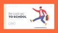 Teenager Pupil Character Jumping Landing Page Template. Happy Student Boy Jump with Rucksack in Hand. Back to School Royalty Free Stock Photo