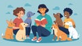 A teenager reads aloud to a group of therapy dogs at a community center their nervousness and anxiety slowly fading as