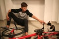 Teenager repairs bicycle.A boy plays with a cat and repairs a bicycle