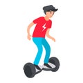 Teenager riding modern electric scooter. Teen on gyroboard. Young boy driving on hoverboard. Royalty Free Stock Photo