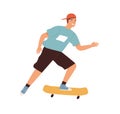 Teenager riding on skateboard vector flat illustration. Smiling male teen in baseball cap enjoy extreme summer outdoor