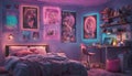 A teenager\'s bedroom with colorful neon lights and Royalty Free Stock Photo