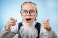 Teenager Schoolgirl In Glasses Shout Point Fingers Royalty Free Stock Photo