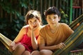 Teenager siblings boy and girl brother and sister close up summer outdoor photo