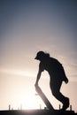 Teenager silhouette doing skateboard trick on ramp Royalty Free Stock Photo