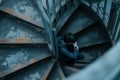 teenager sitting on industrial spiral stair steps, headphones on