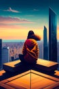 A Teenager Sitting on a Roof With a Fantastic View in the Background. Generative AI