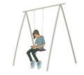 Teenager sitting on the swing and checking a phone