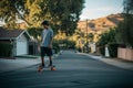 teenager on a skateboard at the bottom of a culdesac Royalty Free Stock Photo