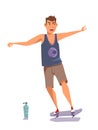 Teenager on skateboard flat vector illustration. Young smiling skateboarder, skater in summer clothes cartoon character