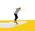 Teenager skateboarder does an ollie trick. Guys in casual clothes skateboarding and showing exciting tricks flat style design.