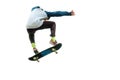 A teenager skateboarder jumps an ollie on an isolated white background. The concept of street sports and urban culture Royalty Free Stock Photo