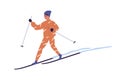 Teenager skiing on snowy track. Skier with poles sliding on snow. Winter activity. Colored flat vector illustration of Royalty Free Stock Photo