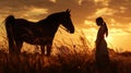 A teenager stands in front of a horse in tall grass in a field against the backdrop of a beautiful sunset sky. silhouette of man