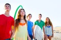 Teenager surfers boys and girls group happy