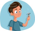 Teen Boy Holding Razor for First Shave Vector Cartoon Royalty Free Stock Photo