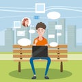 Teenager Using Laptop in a Bench in the Park, social networks, chat, cartoon style, vector