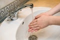 Washing hands in the bathroom sink. Frequent hand washing is a prerequisite for good hygiene in the face of the