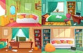 Teenagers bedroom. Student cluttered room, teenager college house apartment and home rooms furniture cartoon vector