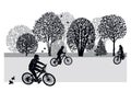 Teenagers on bicycles. Girl, boys in baseball caps ride bicycles in the Park. Silhouettes isolated on a white background. Vector