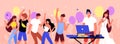Teenagers birthday party flat horizontal composition with balloons playing vinyl records dancing singing hilarious celebration