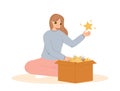 Teenagers and box of dreams metaphor. Young girl takes golden and silver stars from package. Goal and deam, future Royalty Free Stock Photo