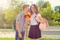 Teenagers boy and girl 14, 15 years old walk, laugh, talk. Royalty Free Stock Photo