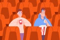 Teenagers in cinema. Boys at movie theater watching film, eating popcorn or drinking soda, interested guy with seated Royalty Free Stock Photo