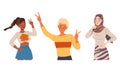 Teenagers doing victory sign gesture. People in trendy fashion clothes set vector illustration