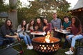 Teenagers at a fire pit with take-away pizzas look to camera