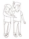 Teenagers friends smiling and having fun cartoon in black and white