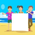 Teenagers holding blank board at beach Royalty Free Stock Photo