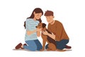 Teenagers hug a dog. Isolated on white background. Flat illustration for animal shelters