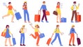 Teenagers with luggage, travel tourism cartoon characters. Cute tourists with suitcase and bags. Snugly happy girl and