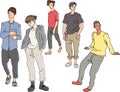 Teenagers people youngsters minimal hand drawing with different poses colored