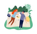 Teenagers on picnic. Two students on nature, smiling and talking. Free time, couple on weekend vector illustration