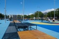 Teenagers plays streetball at new sport zone at expocenter, Kyiv, Ukraine